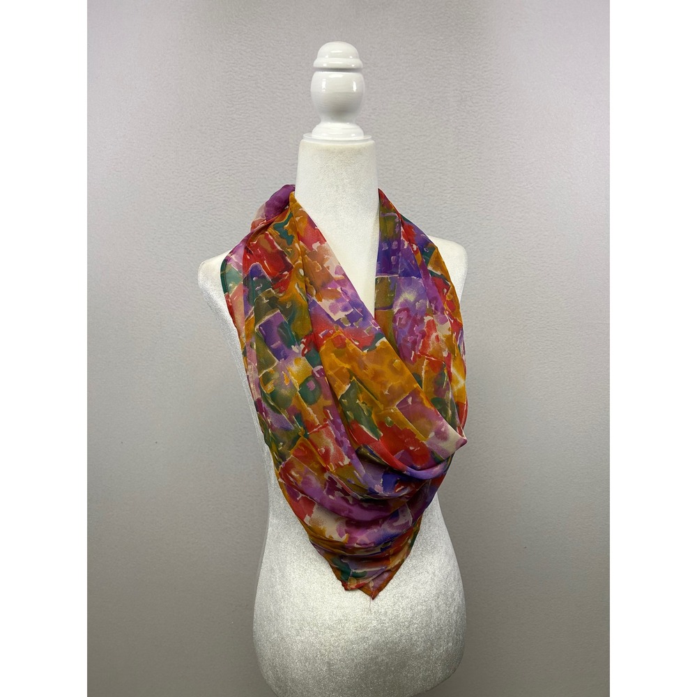 Artsy Watercolor 90s Style Womens OS Multicolor Abstract Sheer Square Neck Scarf